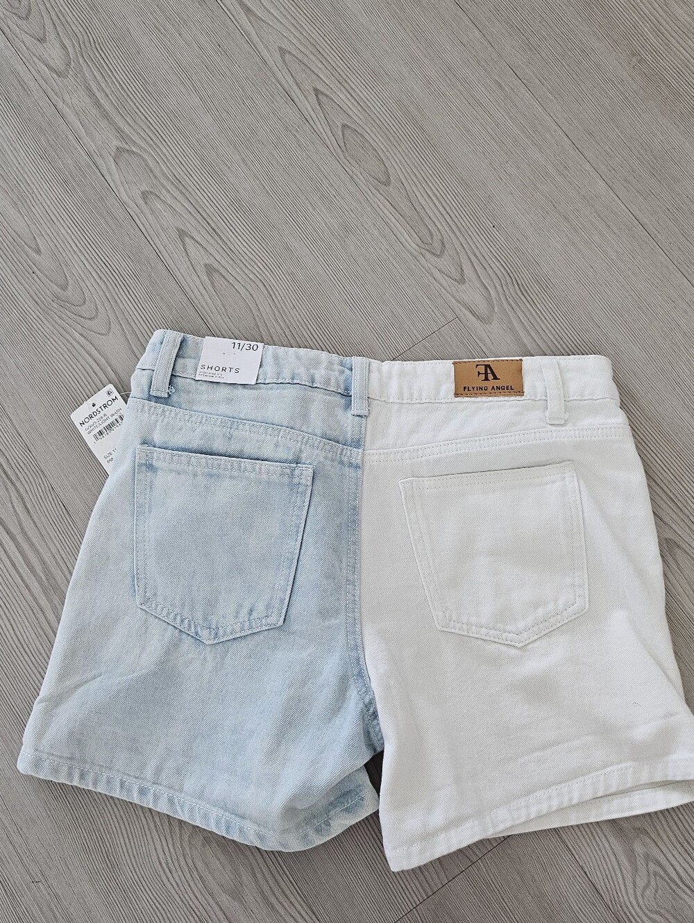 Two-Tone White and Light Blue Denim Shorts - Picture 3 of 4